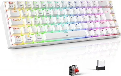 Zdjęcie produktu dla Zestaw mechanicznej klawiatury do gier, mechaniczna bezprzewodowa, podświetlenie RGB, 65% TKL, z możliwością ładowania, Bluetooth, 2,4 GHz, kabel, 68 klawiszy, czerwone przełączniki, do komputerów PC, Mac i PS4, biała