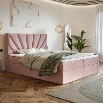 Produktbild von MOTIVENA Aspen Boxspringbett 160x200 Rosa Samt (Jasmine 61), Bonellfederkern-Matratze (H4), T28 Komfortschaumstoff Topper (H3)