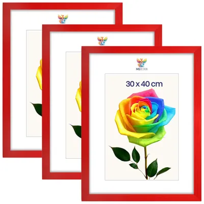 Produktbild von MG Design 3er Set Bilderrahmen 30 x 40 cm - Fotorahmen mit Rot Echtholzrahmen und bruchsicherem Acrylglas, Hoch & Quer zum Aufhängen, zum Aufstellen
