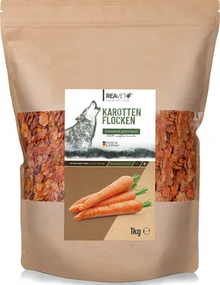 Produktbild von REAVET Karottenflocken Hund 1kg, Karottenflocken Hunde, Gemüseflocken Hunde getreidefrei, Gemüseflocken Hunde Barf, Barf Zusatz Hund