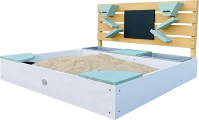Produktbild von AXI Cato Sandkasten aus Holz mit Behältern für z.B Wasser, Stauraum, Kreidetafel & Spielwand - Weiß und Grün | Sandkasten inklusive Trichter | Mit Plane & Bodentuch | 105x100x58,5 cm