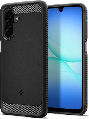 A black phone case is shown next to a smartphone.