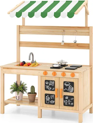 Produktbild von GOPLUS Kinder Matschküche mit Sonnendach, Kinderküche Outdoor mit 4 Herdplatten, Spüle, Wasserhahn, Schwarze Tafeln & Zubehör, Natur
