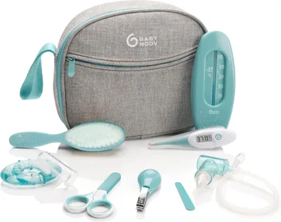 Productafbeelding van Babymoov A032002 Complete babyverzorgingsset Aqua - 9-delig, ideaal voor de babyuitzet met een digitaal thermometer en een szuiger