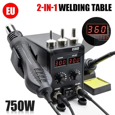 Zdjęcie produktu dla Stacja lutownicza 2-w-1 B-8586D - Termopowietrzna i lutownica - 750 W - 220 V - Dwa wyświetlacze cyfrowe - Regulacja temperatury - Do napraw komponentów SMD