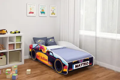 Produktbild von ACMA Jugendbett Kinderbett Auto-Bett Junior Cars Bett Komplett-Set mit Matratze, Lattenrost und Rausfallschutz 140x70 cm - F1 + NAME