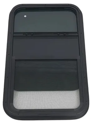 Obrázok produktu pre Okenná výplň pre obytné prívesy/karavany – vertikálne posuvné okno so zaoblenými rohmi – výrez 45x75 cm – čierne bezpečnostné sklo s hrúbkou 4 mm – hliníkový rám – vhodné pre steny hrubé 6 mm