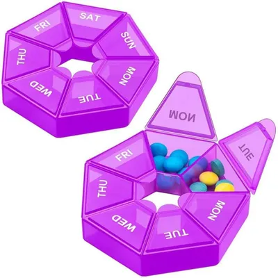 Produktbild von 2 Stück Pillenetui 7 Gitter Violett – Tragbare Medikamentenbox aus robustem Kunststoff, Leichter Pillenhalter mit Deckel für Reise & Alltag