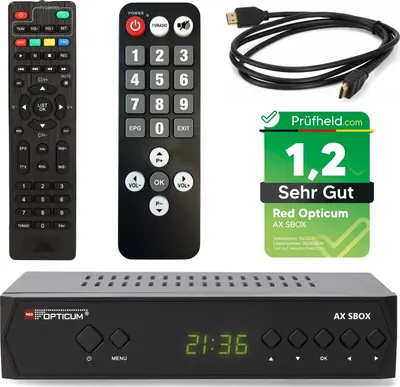 Produktbild von RED OPTICUM HD Sat Receiver für Satellitenschüssel mit Aufnahmefunktion S-Box PVR + Senioren Fernbedienung, HDMI, SCART, USB, Coaxial – Digital TV Receiver für Satelliten / Satellit + HDMI Kabel