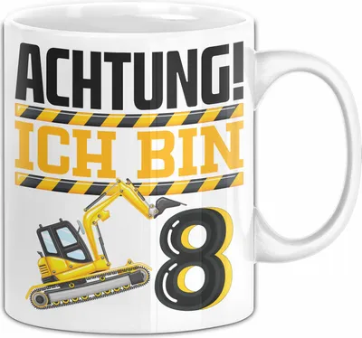 Produktbild von 8. Geburtstag Geschenk Tasse Becher Jungs Baustelle Geburtstagsgeschenk Achtung Ich Bin 8 (Weiß)