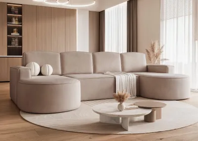 Image de Canapé d'angle rembourré SOFIA VELVET avec fonction couchage - Canapé en U avec fonction relax et compartiment de rangement Canapé d'angle indépendant Riviera 16 Beige