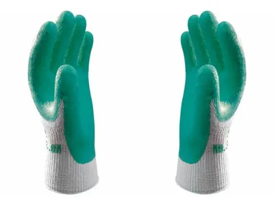 A pair of green and white work gloves are shown against a white background.