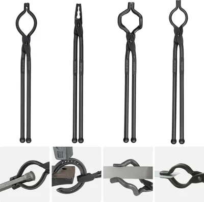 A collage of images showing different types of blacksmith tongs and their uses.