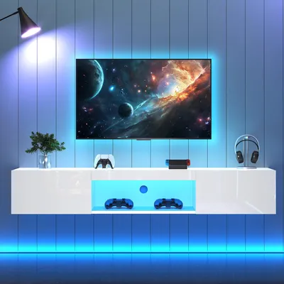 Produktbild von TV-Wandschrank weiß für 70 Zoll, Hochglanz-TV-Schrank 160cm mit LED-Beleuchtung, Bluetooth-App-Steuerung und Wandmontage