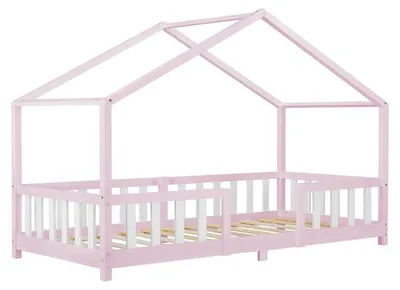 Image de Lit pour enfant, lit de maison, lit pour tout-petits en bois massif de pin, avec barrière de sécurité et dimensions du matelas 90x200 cm