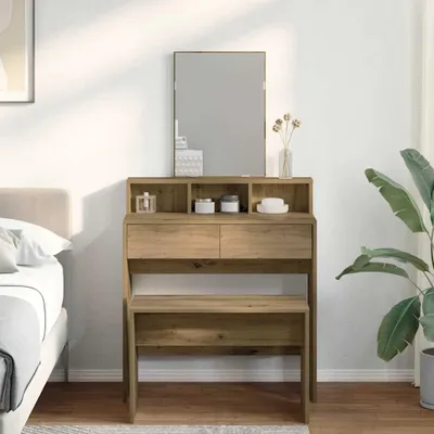 Produktbild von Schminkhocker in Artisan-Eiche-Optik, Frisierhocker und Sitzbank für Schlafzimmer oder Ankleidezimmer, 70x35x45 cm, Holzwerkstoff