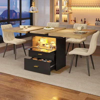 A dining table set up in a modern dining room with chairs, tableware, and decorative items.