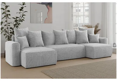 Produktbild von MEBLINI Schlafcouch mit Bettkasten - 312x142x73cm - Hellgrau Cordstoff - DAVE - Ecksofa mit Schlaffunktion - Sofa mit Relaxfunktion und Kopfstützen - Couch U-Form - Eckcouch - Wohnlandschaft