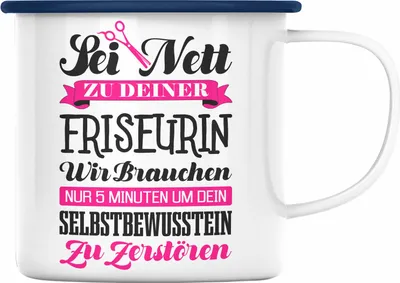 Produktbild von Trendation - Friseurin Emaille Tasse Geschenk Zubehör Geschenkideen Friseursaloneröffnung Frisörin Emaille Tassen Emaille Emaille Tasse Spruch Friseur (Blau)