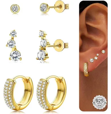 Produktbild von 3 Paar Ohrringe Set Silber/Gold Damen Mädchen 925 Sterling Silber Creolen Ohrstecker