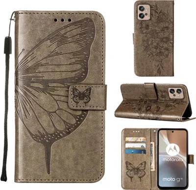 Obrázek produktu pro Moto G32 Pouzdro, Motýlí Reliéf Flip Kožené Pouzdro s Kapsami na Karty a Stojánkem pro Motorola Moto G32 Šedá