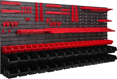 A wall-mounted storage system with multiple shelves and bins for organizing tools and small items.