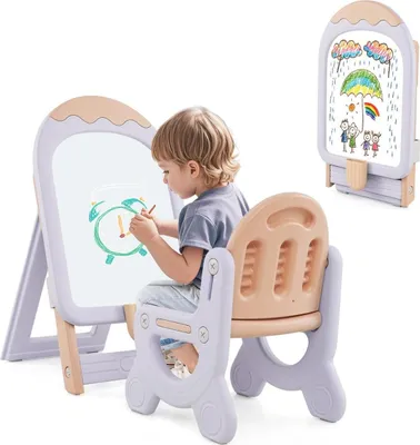 Immagine prodotto di Cavalletto regolabile per bambini con sedia e lavagna bianca, viola