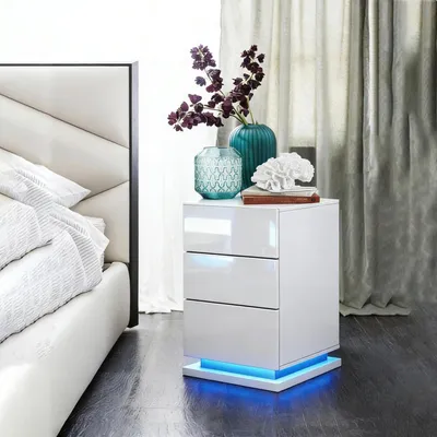Immagine prodotto di Tavolino da notte con illuminazione a LED e base di ricarica, 3 cassetti, bianco