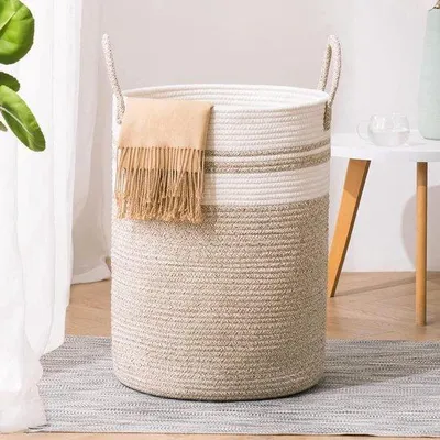 Zdjęcie produktu dla Pleciony pojemnik na pranie – pojemnik do przechowywania z uchwytem – 1 sztuka – brązowy – bawełna