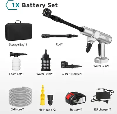 Image de Nettoyeur haute pression sans fil - Pistolet à eau sans fil - 35 bars - 300 W - Moteur sans balais - Buse 6 en 1 - 18-21 V - 1 batterie - Or