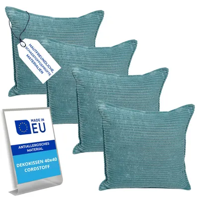 Produktbild von Pillows24 – 4x Dekokissen 40x40 aus Cord | Weiches Zierkissen & Sofa Kissen | Deko Kissen 40x40 für Palettenkissen in Wohnzimmer & Balkon | Sofakissen EU | Türkis