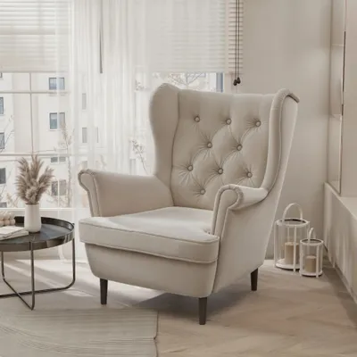 Productafbeelding van Gestoffeerde fauteuil Coco Trinity 02, lichtbeige fluweel, oorfauteuil, Scandinavisch design