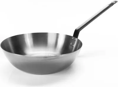 A metal wok with a black handle on a white background.