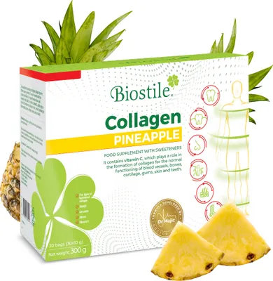 Produktbild von Biostile Collagen Pineapple - 30 sáčků s 5 zdroji hydrolyzovaného kolagenu, vitaminem C, kurkuminem a shilajitem pro kůži, klouby a kosti