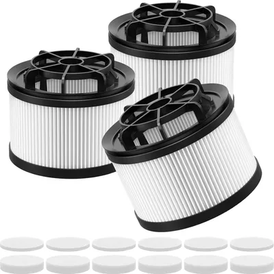 Three vacuum cleaner filters and several small circular foam filters are arranged on a white background.