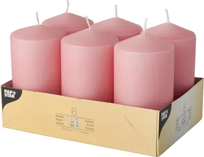 Imagen del producto de 6 velas tipo "stompkaarsen", diámetro 60 mm, altura 115 mm, color rosa pálido