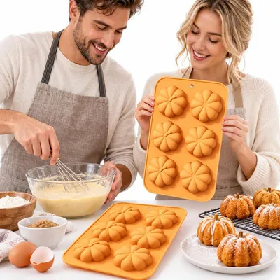 Produktbild von Silikonform für Schokolade, Kürbisform 2er-Set, Halloween Schokoladenform für Pralinen, Fondant, Süßigkeiten, Kuchen und Herbstdeko, wiederverwendbar