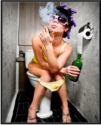 Produktbild von Wallario Wandbild Kloparty - Sexy Frau auf Toilette Zigarette & Schnapsflasche - farbig, Größe: 40,30 x 50,30 cm, Poster mit schwarzem Aluminiumrahmen