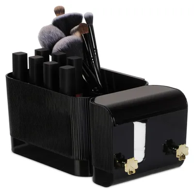 Produktbild von Kosmetik-Organizer, 4 Fächer und 2 Haken, Wattestäbchenhalter, selbstklebende Wandbefestigung, Kunststoff, schwarz/gold