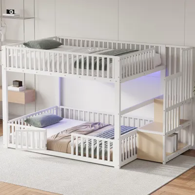 Image de Lit superposé 140 x 200 cm en métal avec échelle intégrant un espace de rangement et éclairage LED, sommier à lattes inclus, lit superposé robuste pour enfants et adolescents, sans matelas, blanc