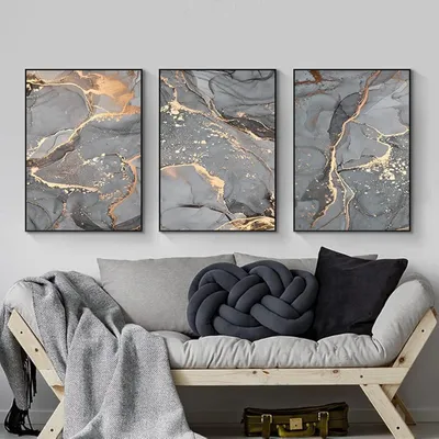Productafbeelding van Abstracte wandkunst, canvas schilderijen, grijze en gouden marmertextuur, set van 3, 40x60 cm