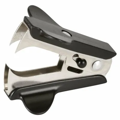 A black and silver staple remover is shown against a white background.