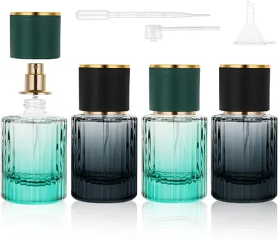Obrázok produktu pre Plniteľný rozprašovač parfumov, sada 4 x 30 ml, sklo, zlatý uzáver, s lievikom a kvapkadlom, na cesty