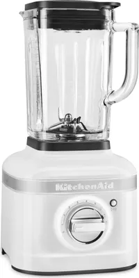 A white KitchenAid blender is shown against a white background.