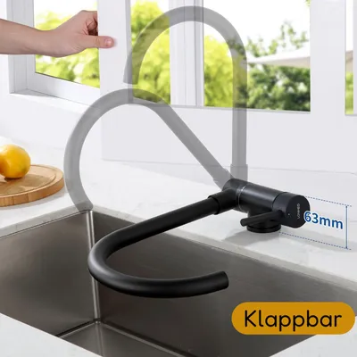 Produktbild von Hochdruck Vorfenster Küchenarmatur Klappbar Spültischarmatur, Einhebelmischer 360° Drehbar aus Edelstahl Wasserhahn Küche, Schwarz