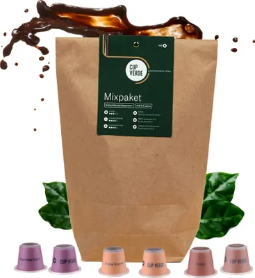Produktbild von CUP VERDE – 100 Kaffeekapseln MIXPAKET Nespresso* kompatibel 3 Sorten - CREMA - LUNGO - ESPRESSO - Kompostierbar – Premium Kaffee - schonend geröstet