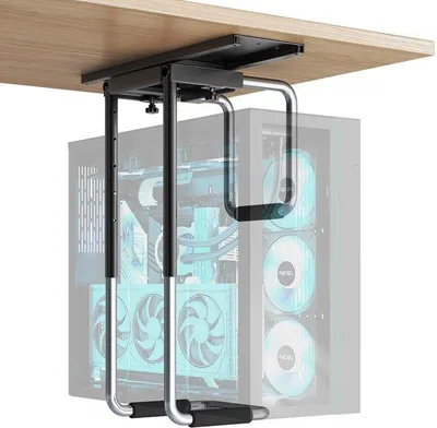 Productafbeelding van Unyqoos® Verstelbare computerhouder voor onder het bureau – universeel geschikt, 360° draaibaar, geventileerd, railsysteem, gereedschapsvrije montage, draagvermogen 30 kg