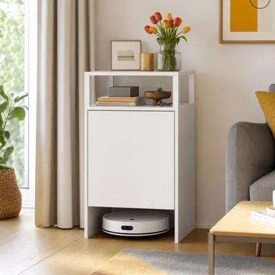 Produktbild von Schrank für Saugroboter mit Ladestation 45x45x80cm Weiß, Push-to-Open Tür & verstellbares Einlegebrett, Saugroboter Garage mit offener Ablage