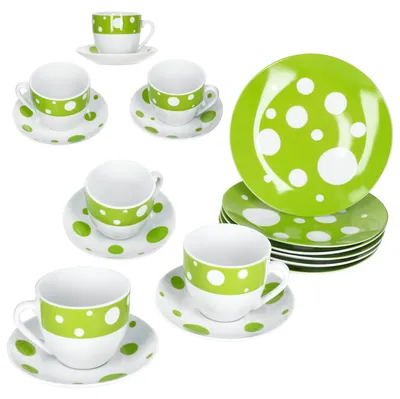Image de 18pcs Service à café Pula vert points porcelaine 6 pers. tasses soucoupes assiettes à points