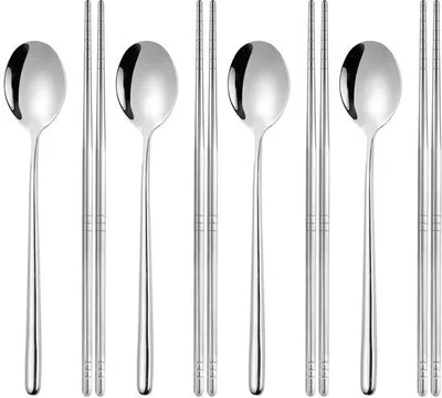 Image de Set de baguettes et cuillères en acier inoxydable - Durables et réutilisables - Lot de 4